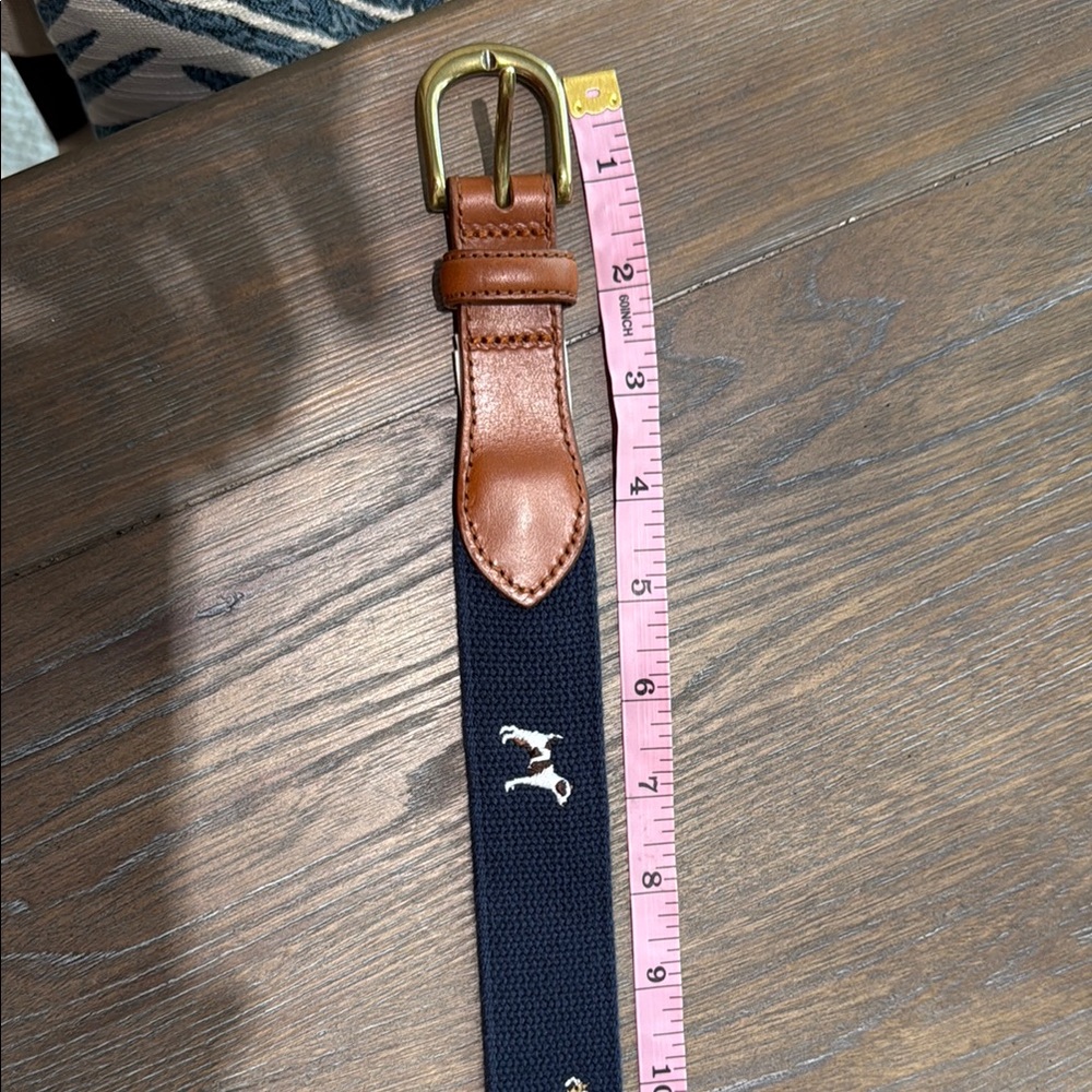 Men's Brooks Brothers Brown and Navy Leather Belt with dogs embroidery